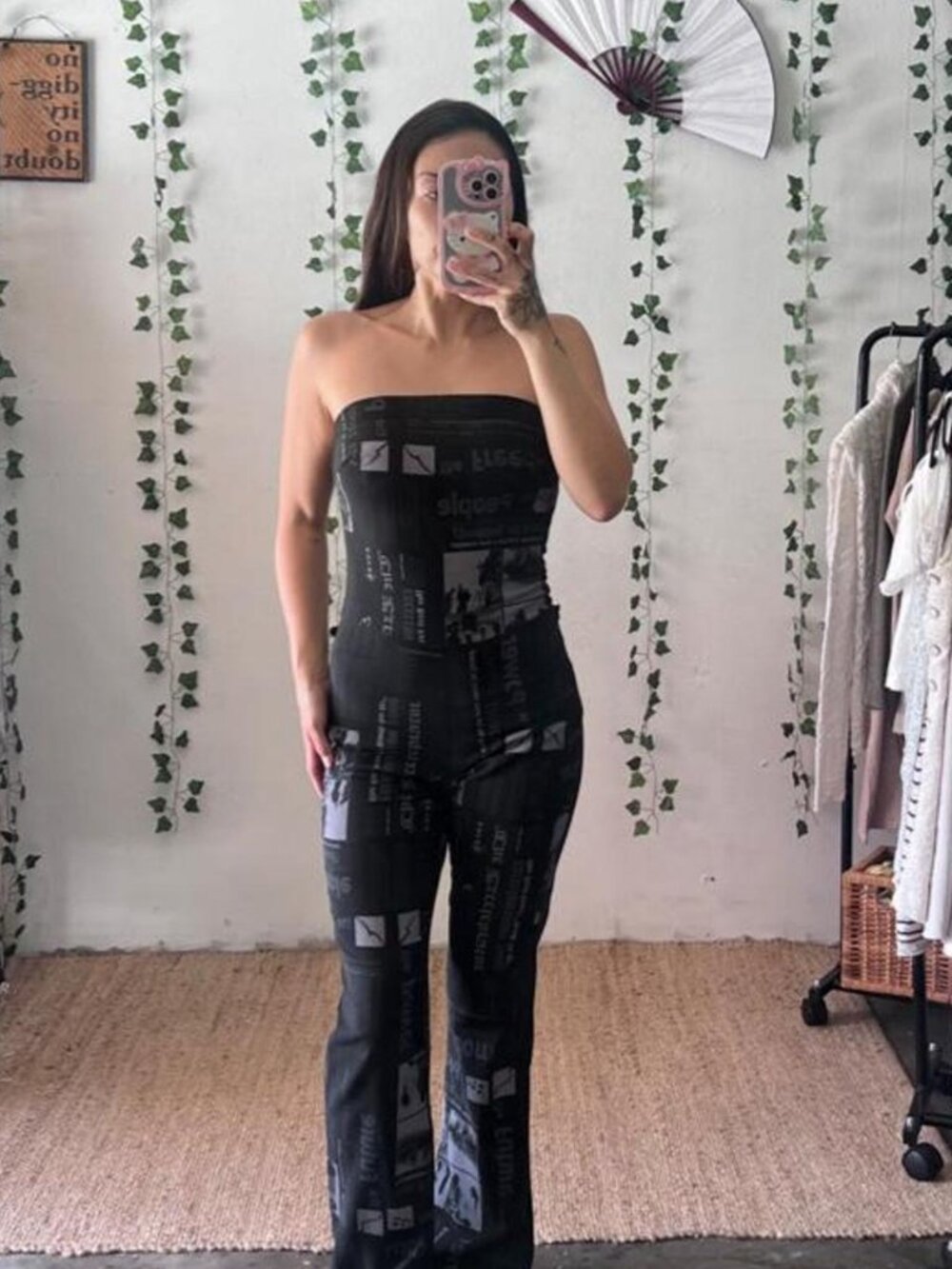 Vintage 90s/y2k black strapless newspaper print flare jumpsuit size M